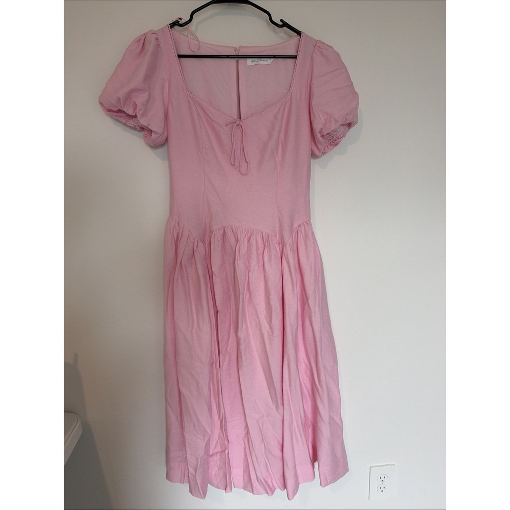 All in Favor Women's Puff Sleeve Tie Front Drop Waist Midi Pink Dress SZ Small